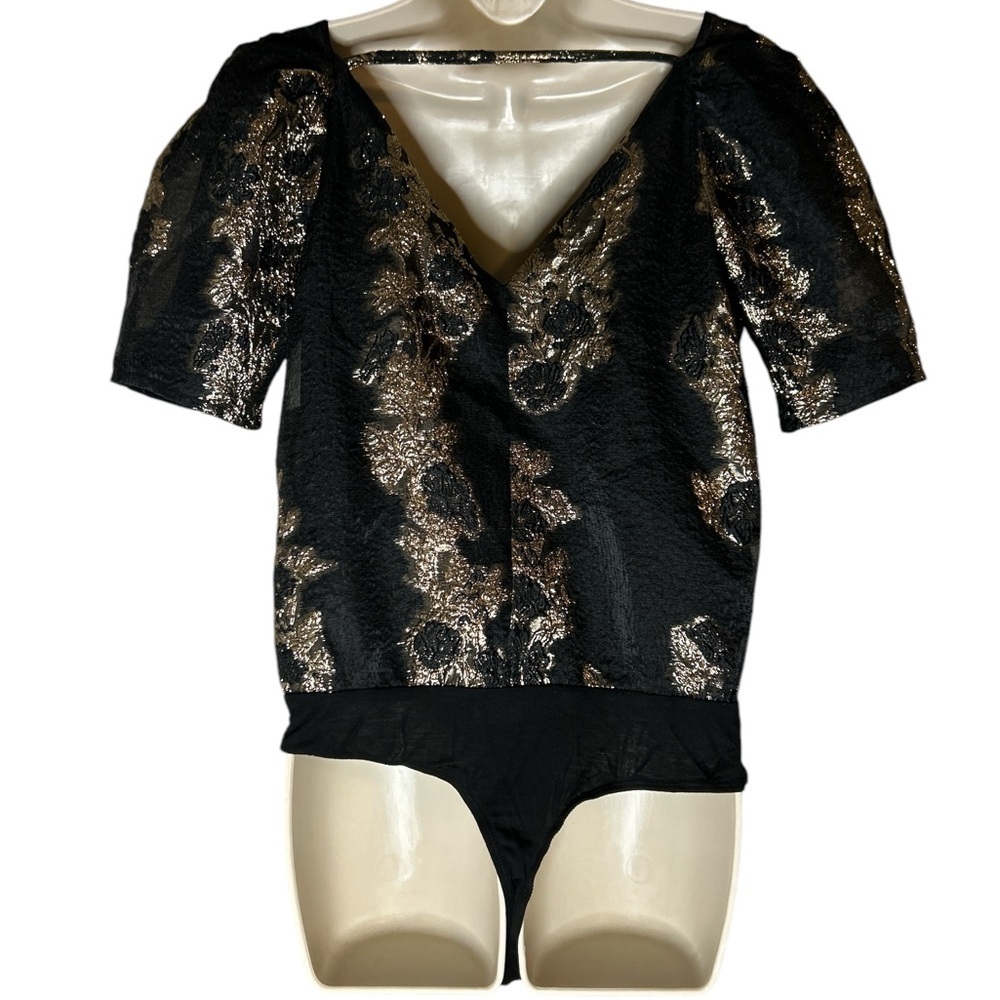 Buddy Love Black Tan Fitted Embellished Bodysuit Blouse Sz S - Picture 6 of 11